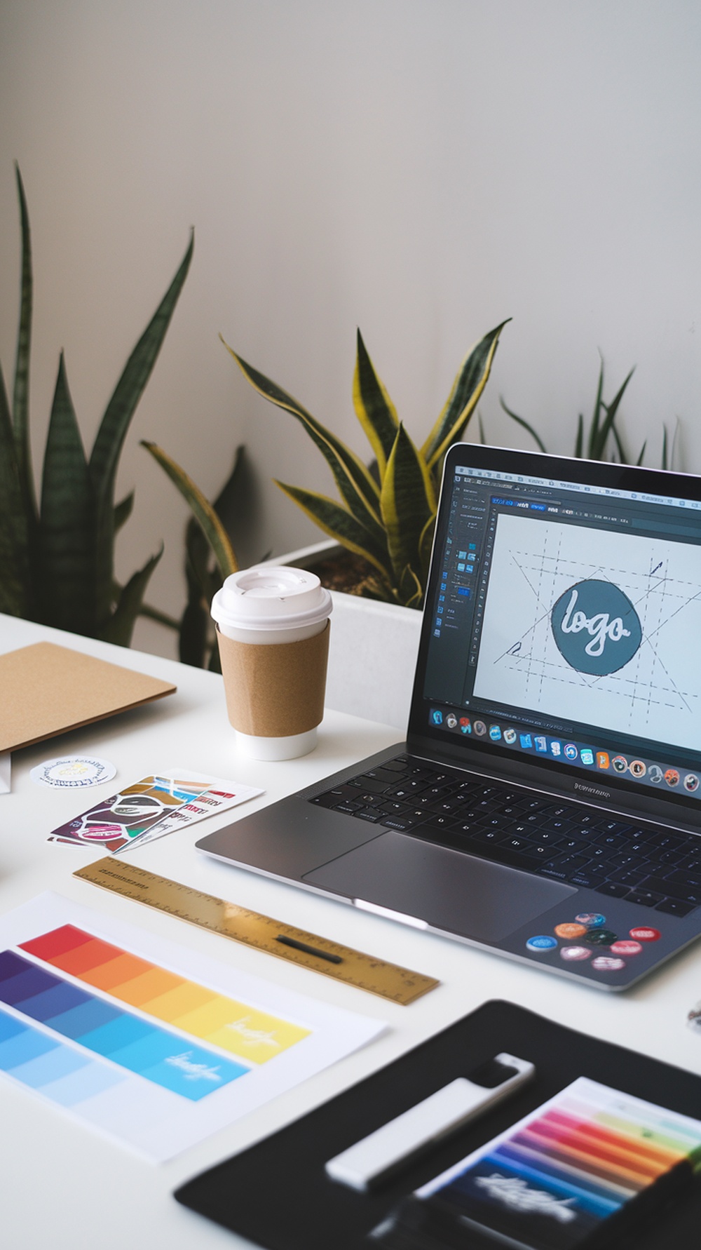 A workspace with a laptop displaying logo design, color palettes, and branding materials.