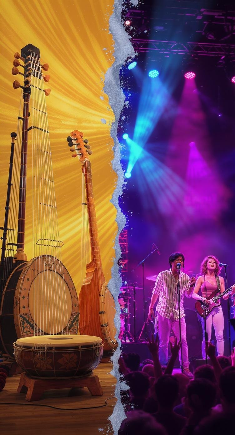 A visual representation contrasting traditional Korean instruments with a lively K-Pop performance.