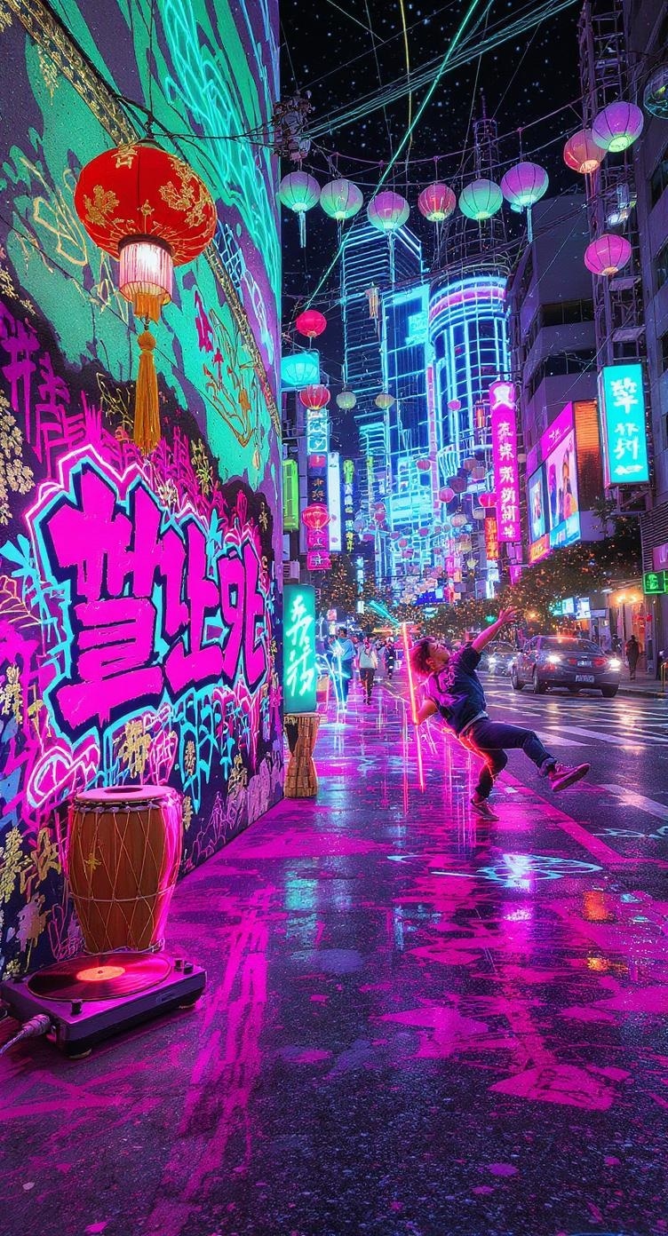A vibrant street scene showcasing neon lights and a dancer, representing the fusion of modern music and culture.