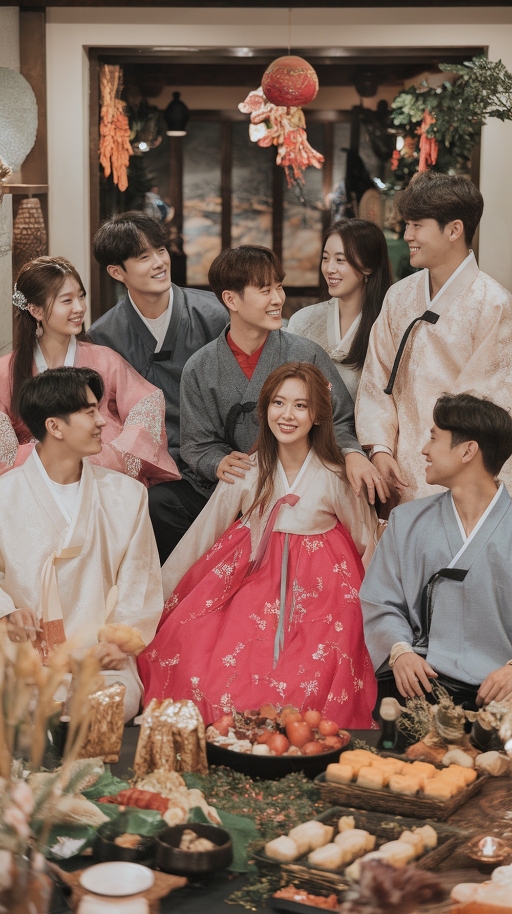 A group of young people in traditional Korean hanbok celebrating together.