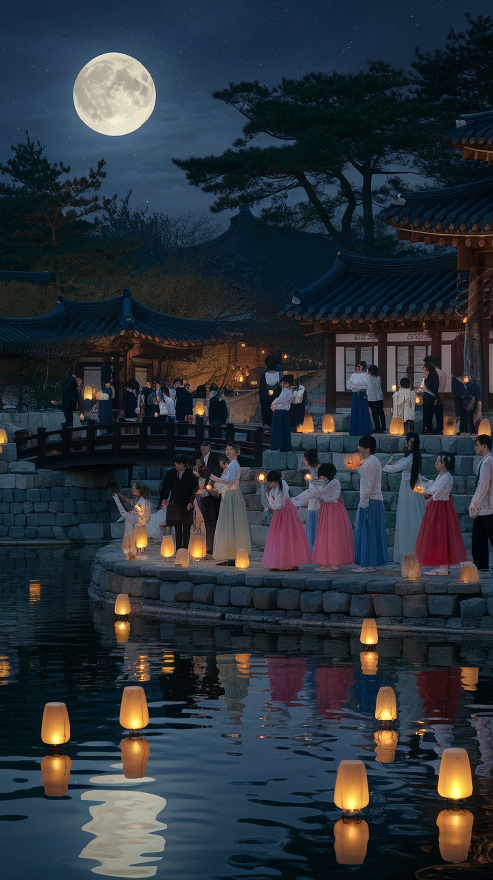 A serene night scene with a full moon illuminating a gathering of people in traditional attire, celebrating under the moonlight.