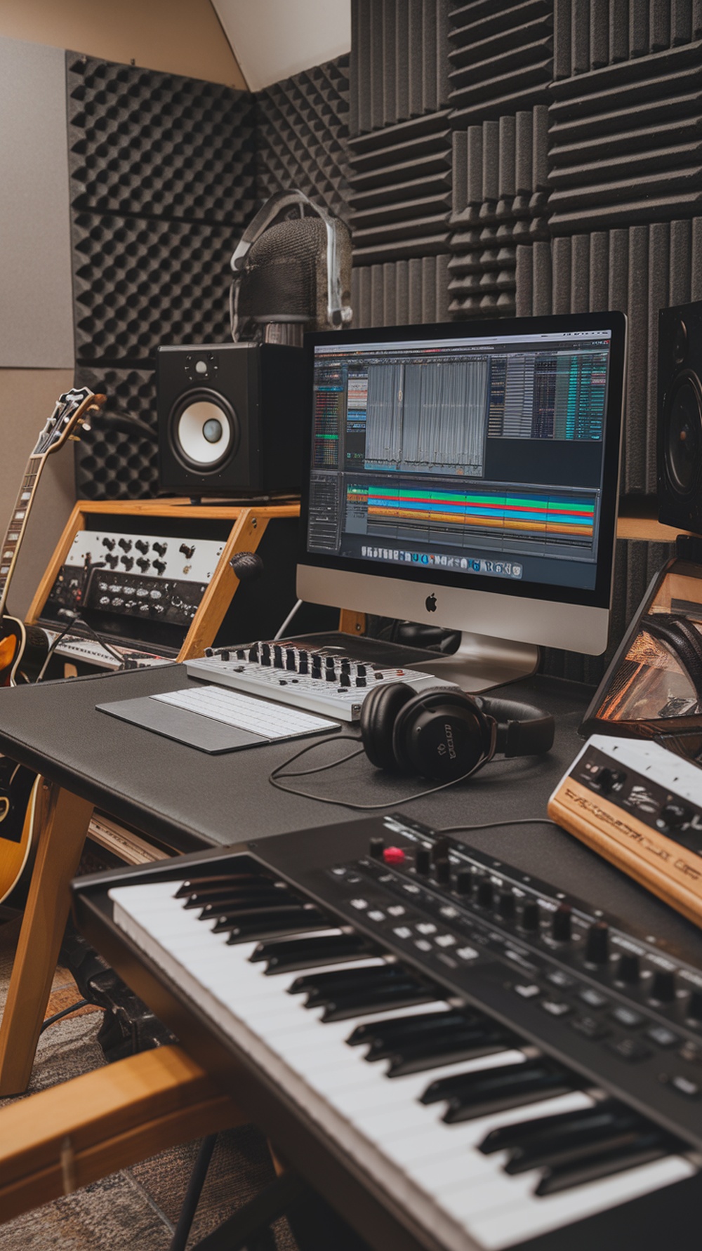 A music production and audio editing workspace featuring a computer, keyboard, and audio equipment.