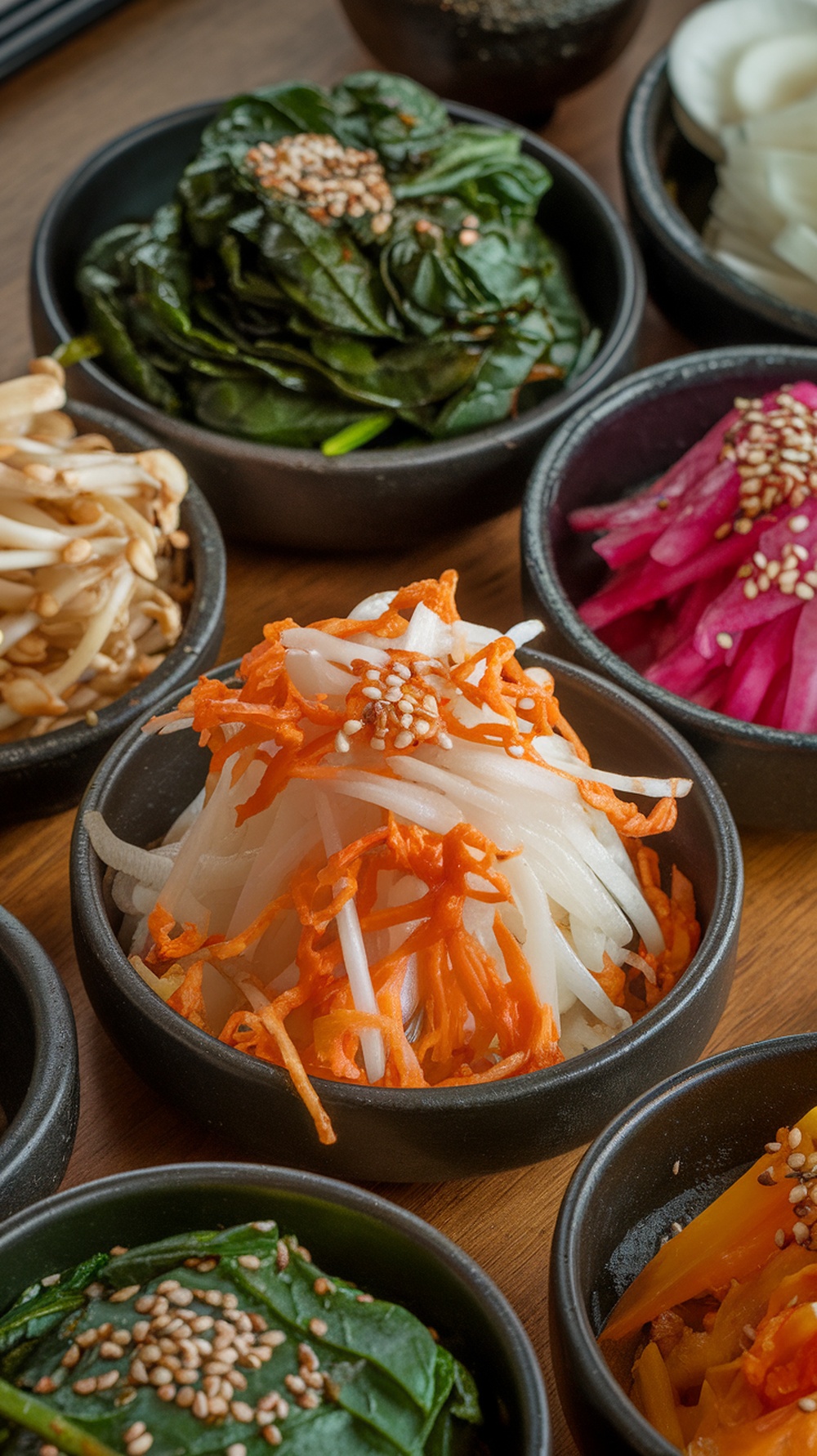 A variety of seasoned vegetables served in small bowls, showcasing colorful Korean side dishes.