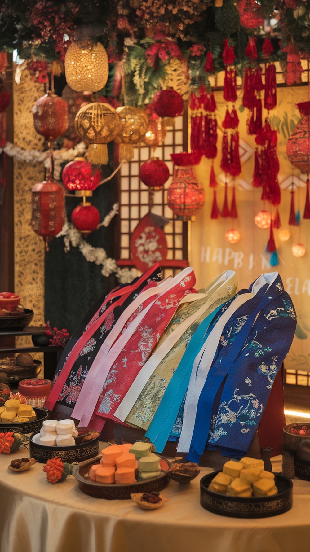 Colorful hanbok displayed for the celebration of Seollal, with traditional sweets arranged on a table.