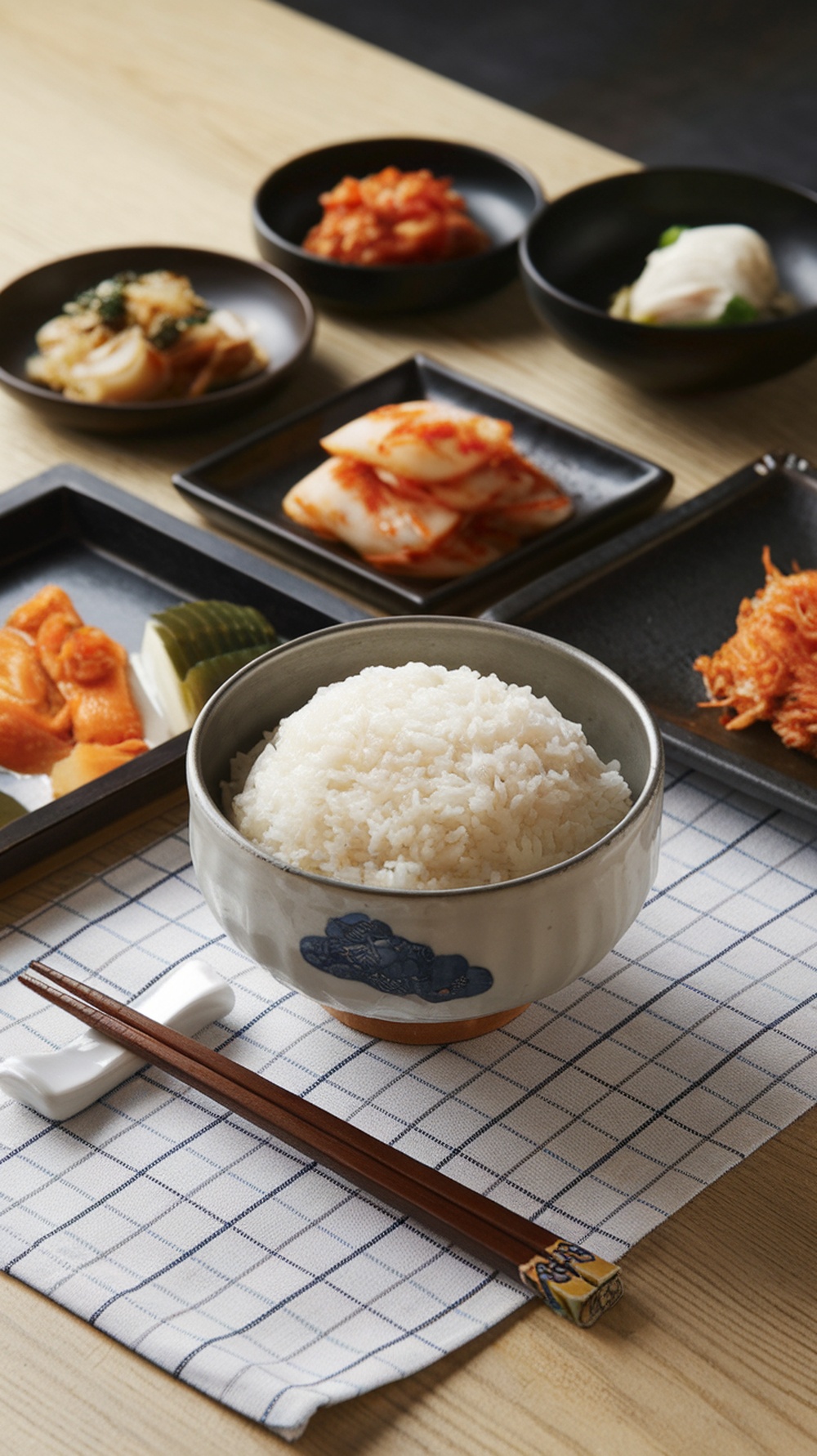 A bowl of rice with chopsticks resting beside it, surrounded by various Korean side dishes.