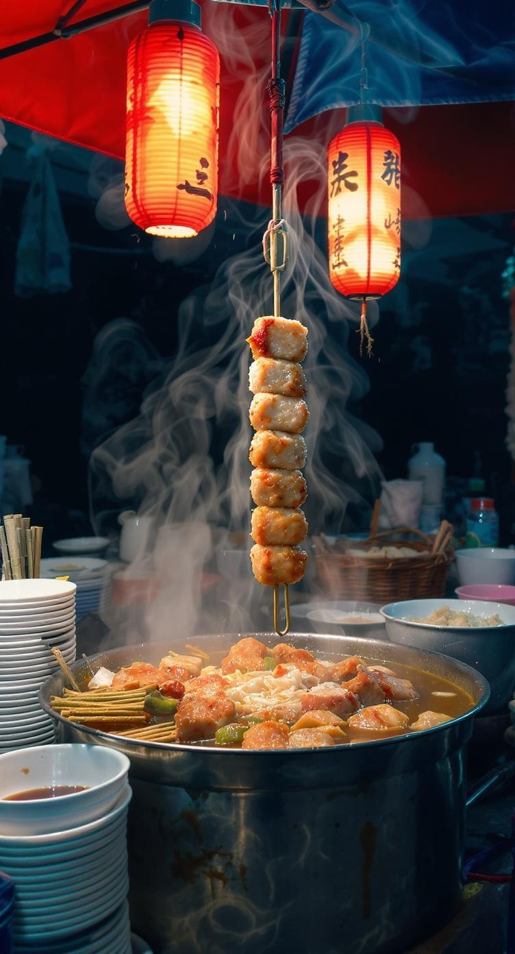 Odeng skewers being served at a street food stall