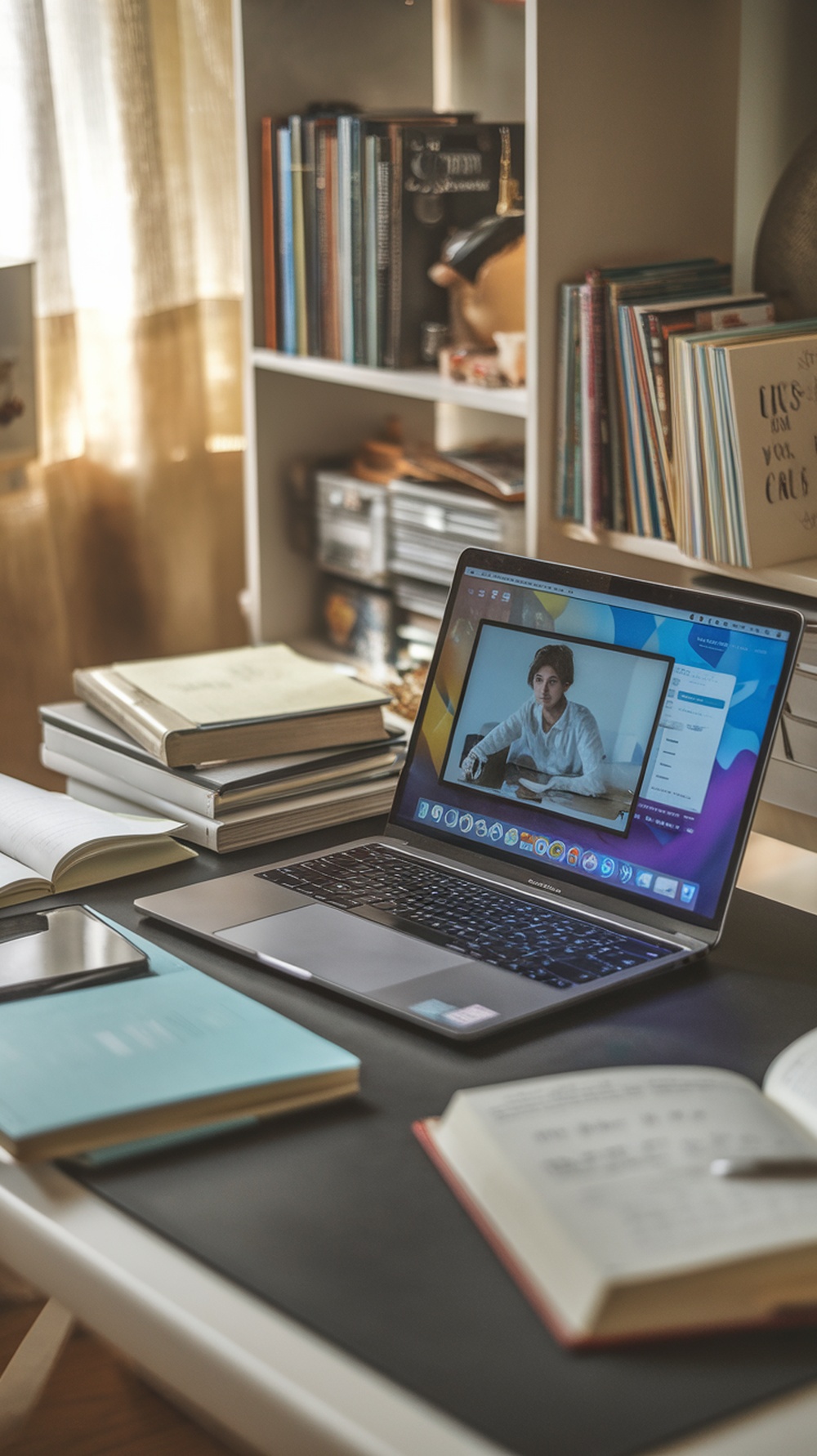 A workspace with a laptop showing an online tutoring session, surrounded by books and study materials.