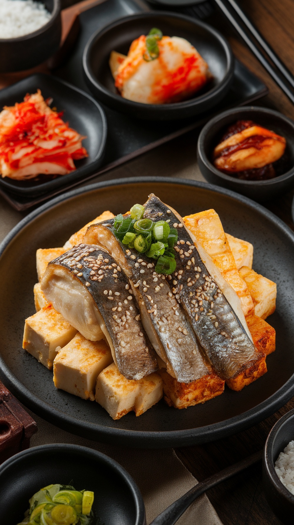A plate of pan-fried tofu and fish garnished with green onions and sesame seeds, served with various Korean side dishes.