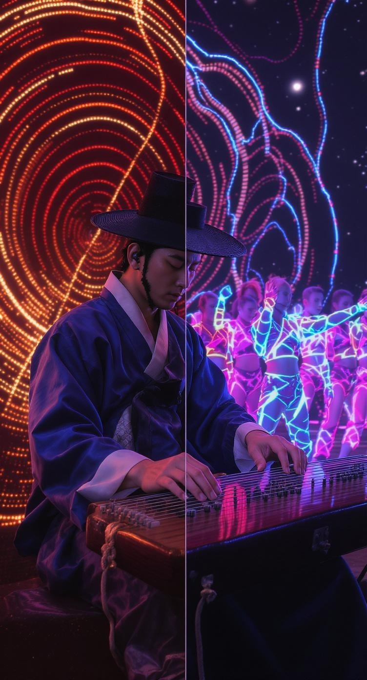 A split image showing a traditional Korean musician playing an instrument on one side and a K-Pop group performing synchronized dance on the other.