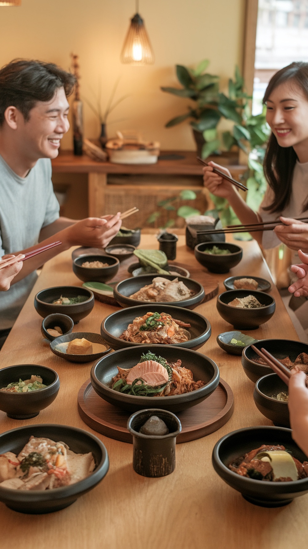 A group of friends enjoying a Korean meal together, smiling and using chopsticks.