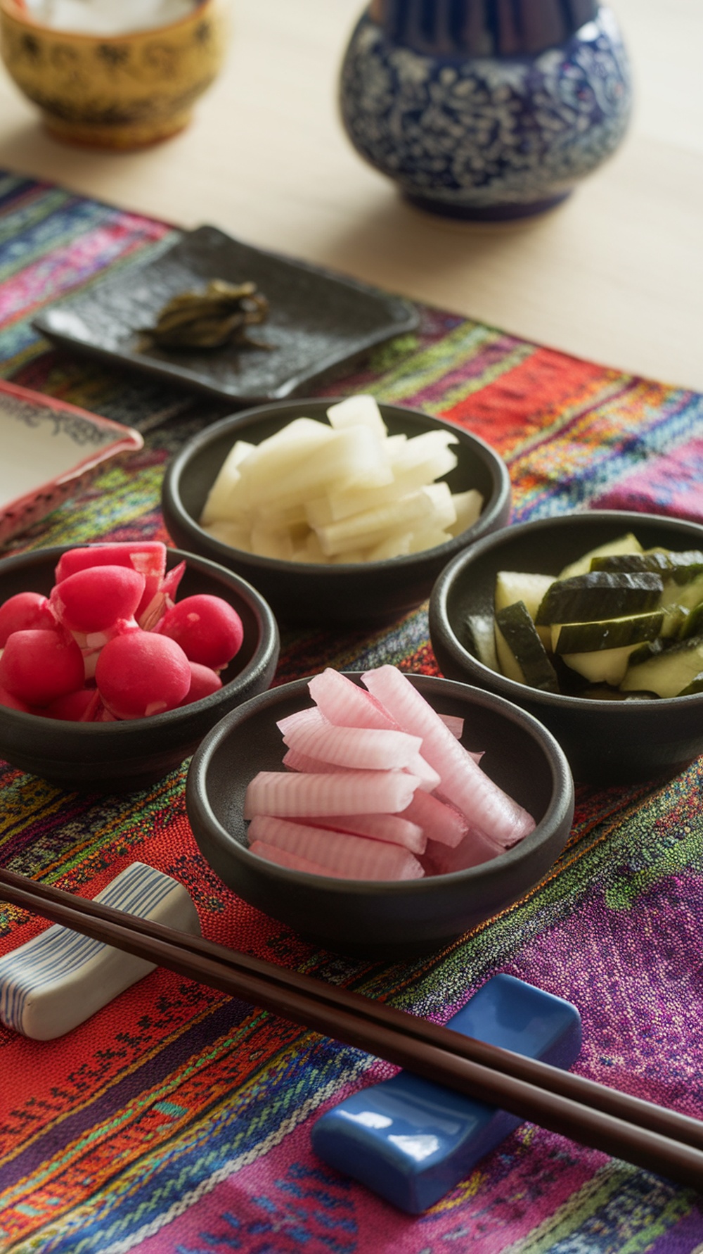 A colorful display of various pickled vegetables in small bowls, showcasing the diversity of Korean jangajji.