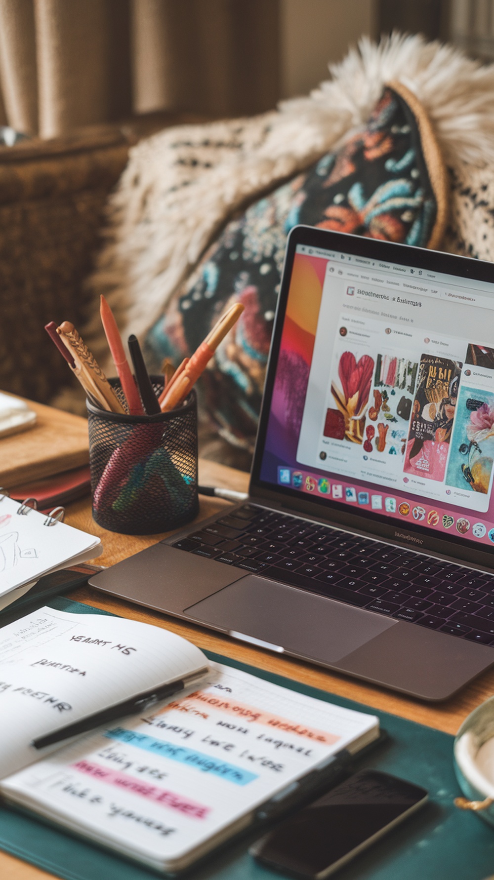 A workspace with a laptop displaying Pinterest, notebooks, and colorful pens.