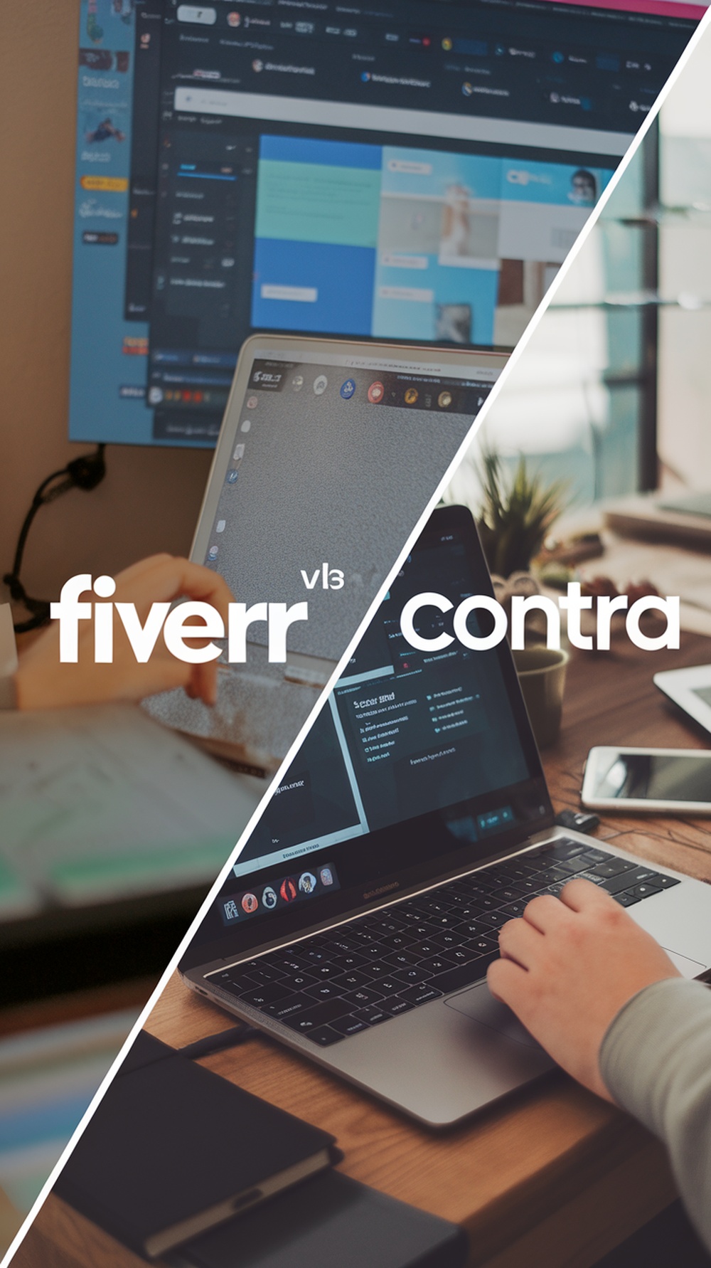 A split image showing Fiverr and Contra platforms for designers.