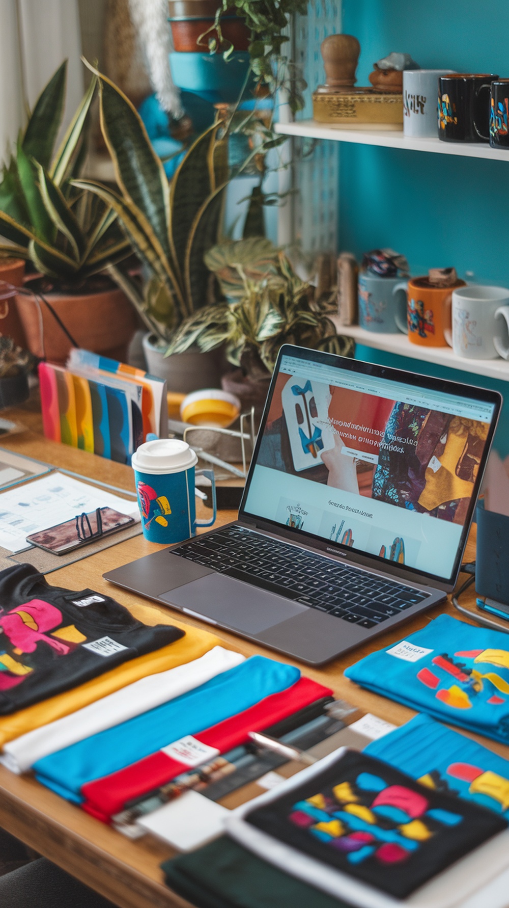 A workspace featuring a laptop, colorful t-shirts, and mugs, ideal for a print-on-demand business.