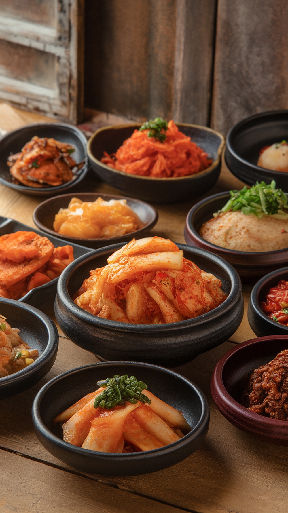 A variety of colorful Korean side dishes served in small bowls.