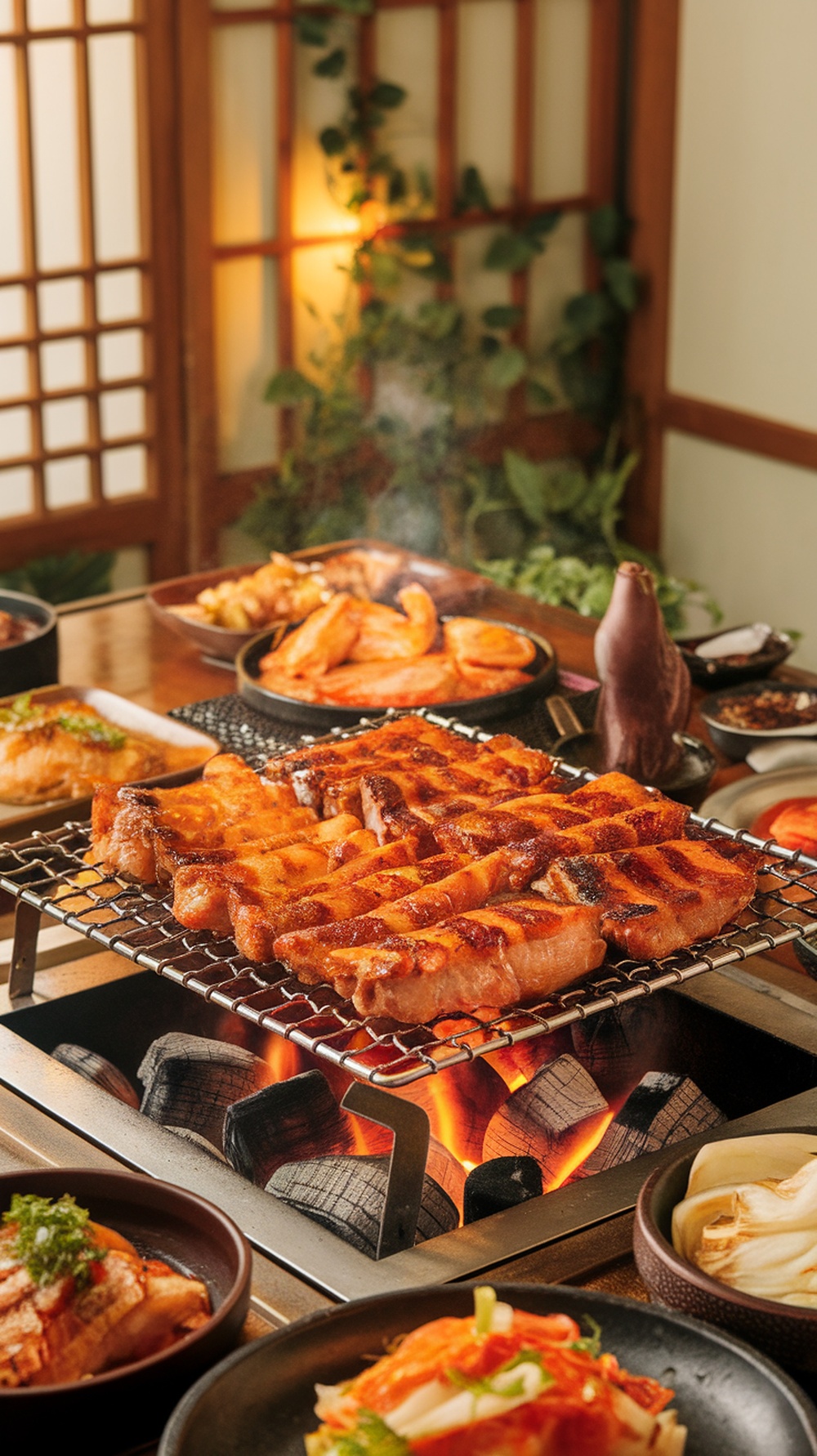 Grilled pork belly (samgyeopsal) served with lettuce and side dishes