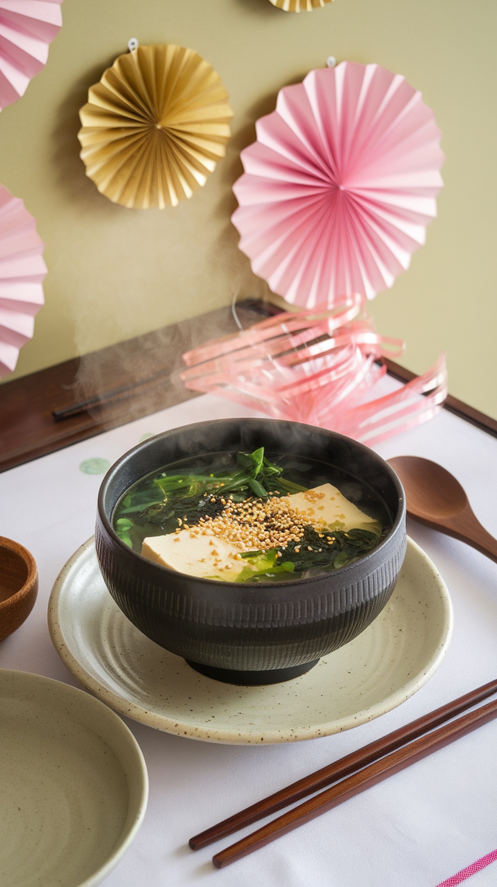 A bowl of seaweed soup with tofu, garnished with sesame seeds, surrounded by festive decorations.