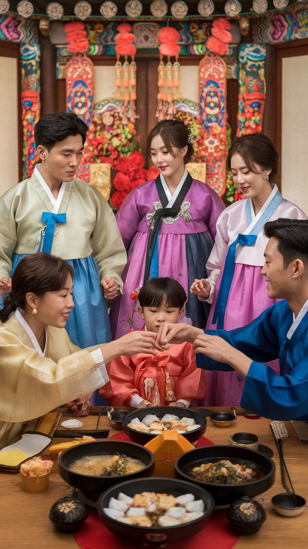 A family celebrating Seollal in traditional hanbok, enjoying a meal together.
