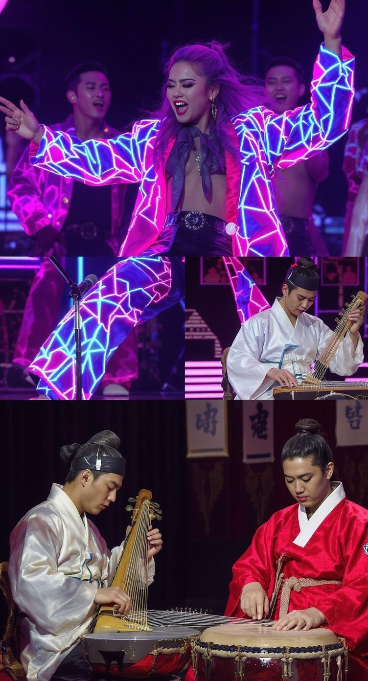 A vibrant performance showcasing K-Pop and traditional Korean music elements.
