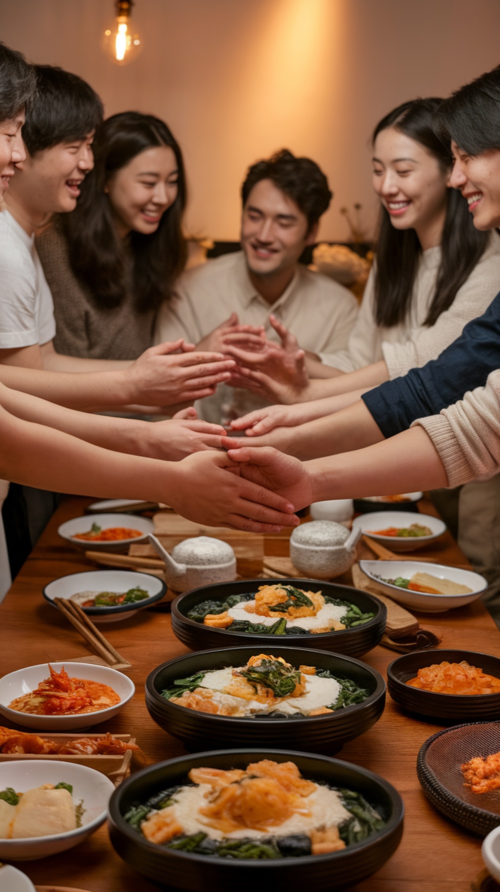 A group of friends enjoying a meal together, showing gratitude before eating.