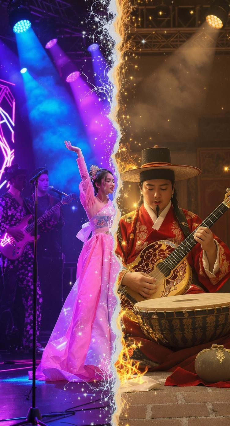 A split image showing a K-Pop performance on one side and a traditional Korean music performance on the other.
