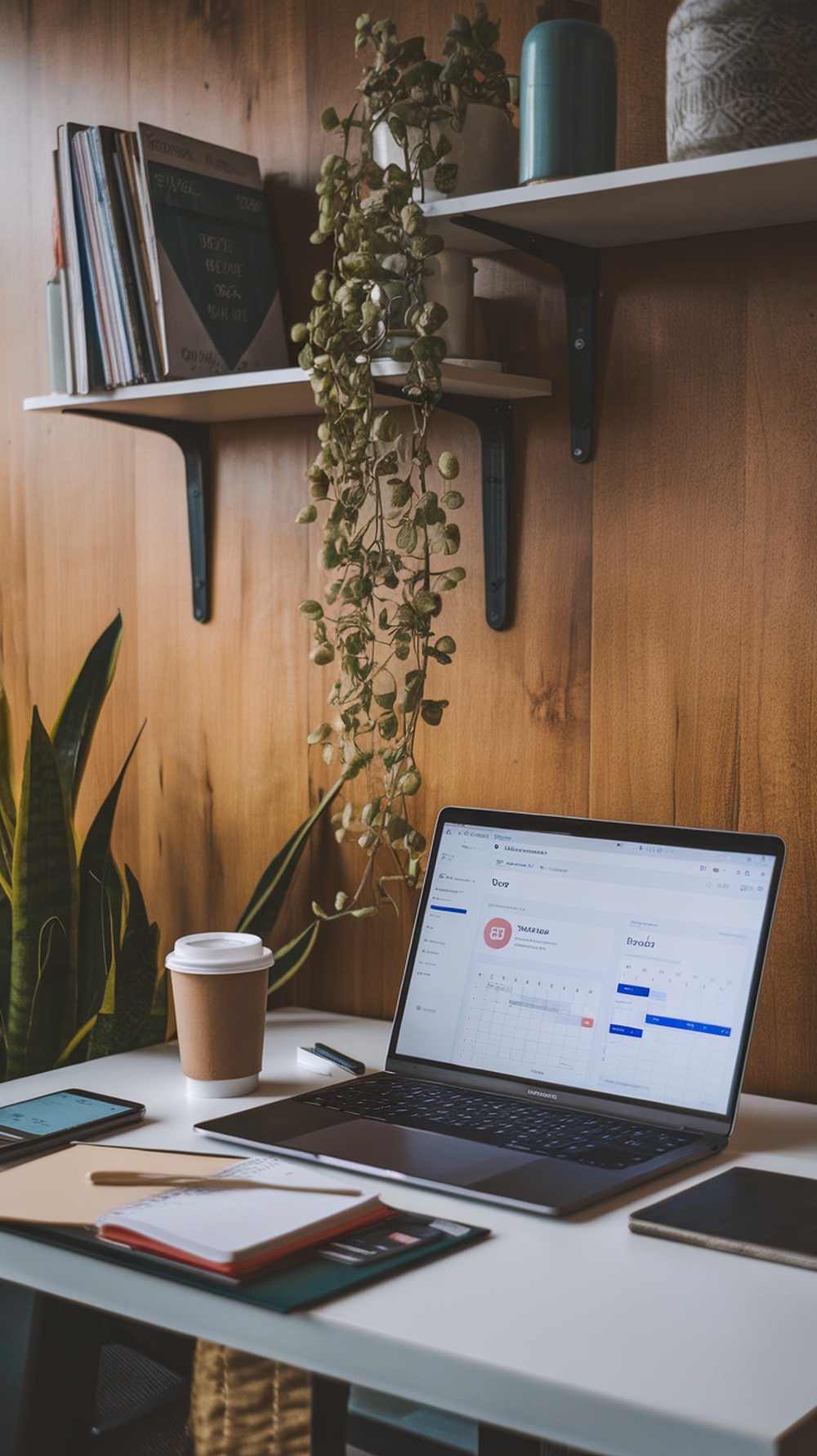 A workspace with a laptop displaying social media management tools, a coffee cup, and notebooks.