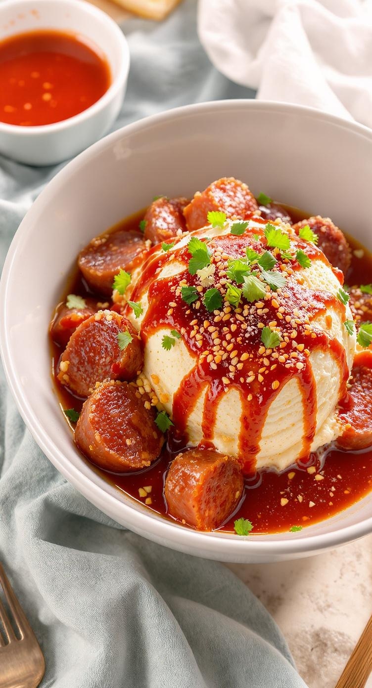 A bowl of sundae, Korean blood sausage, garnished with sauce and herbs.