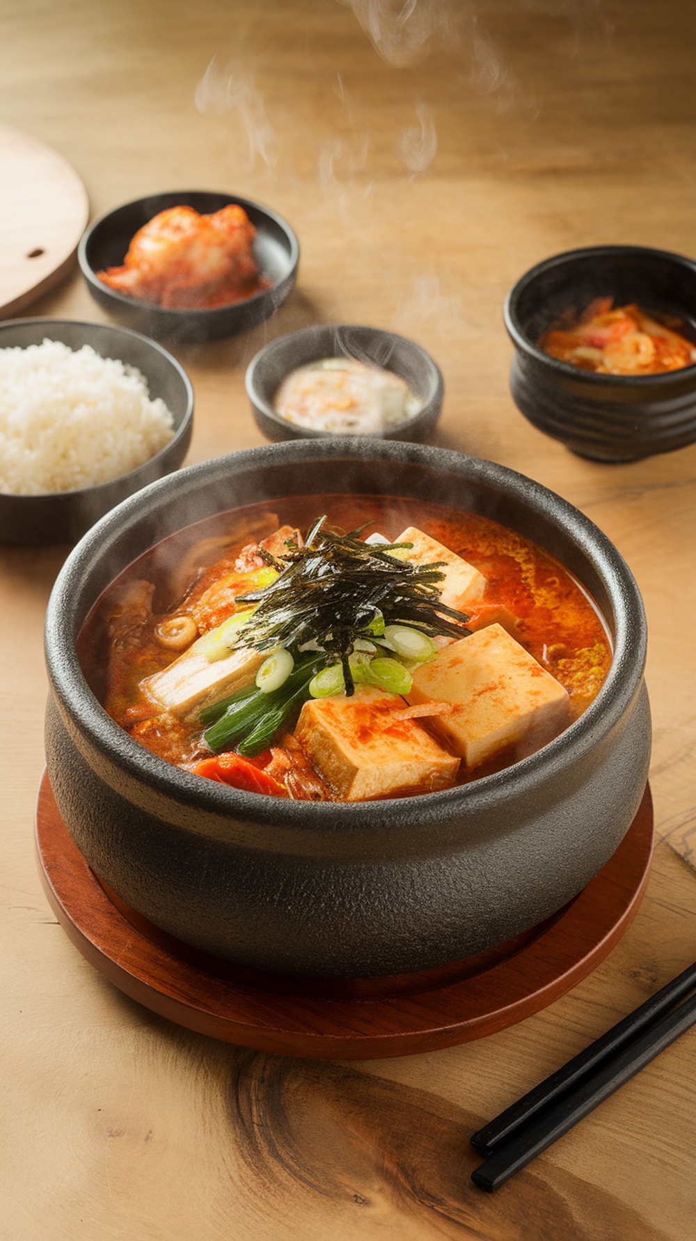 A steaming bowl of Sundubu-Jjigae with soft tofu, vegetables, and rice