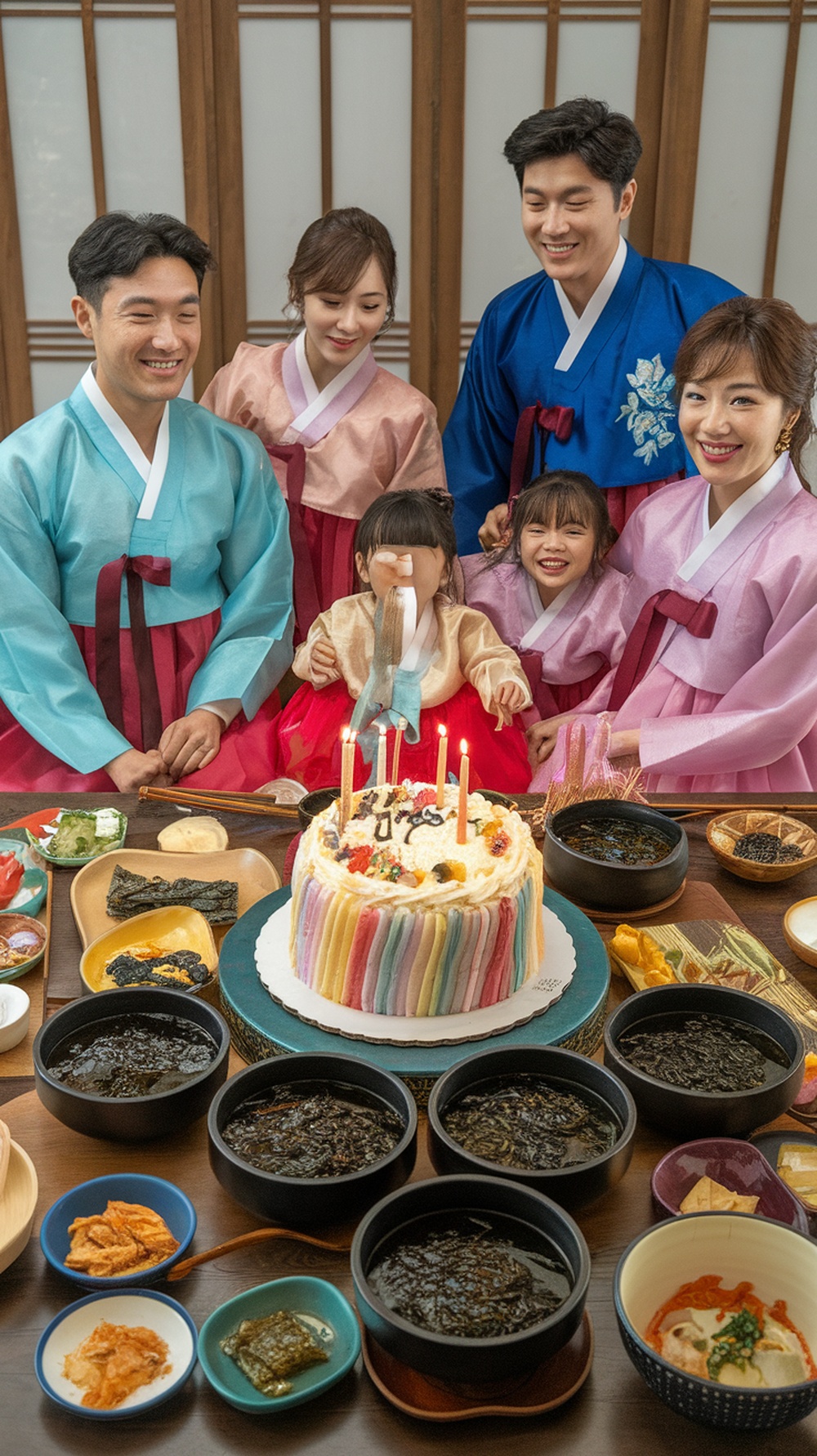 A family celebrating a birthday with traditional Korean food and attire.