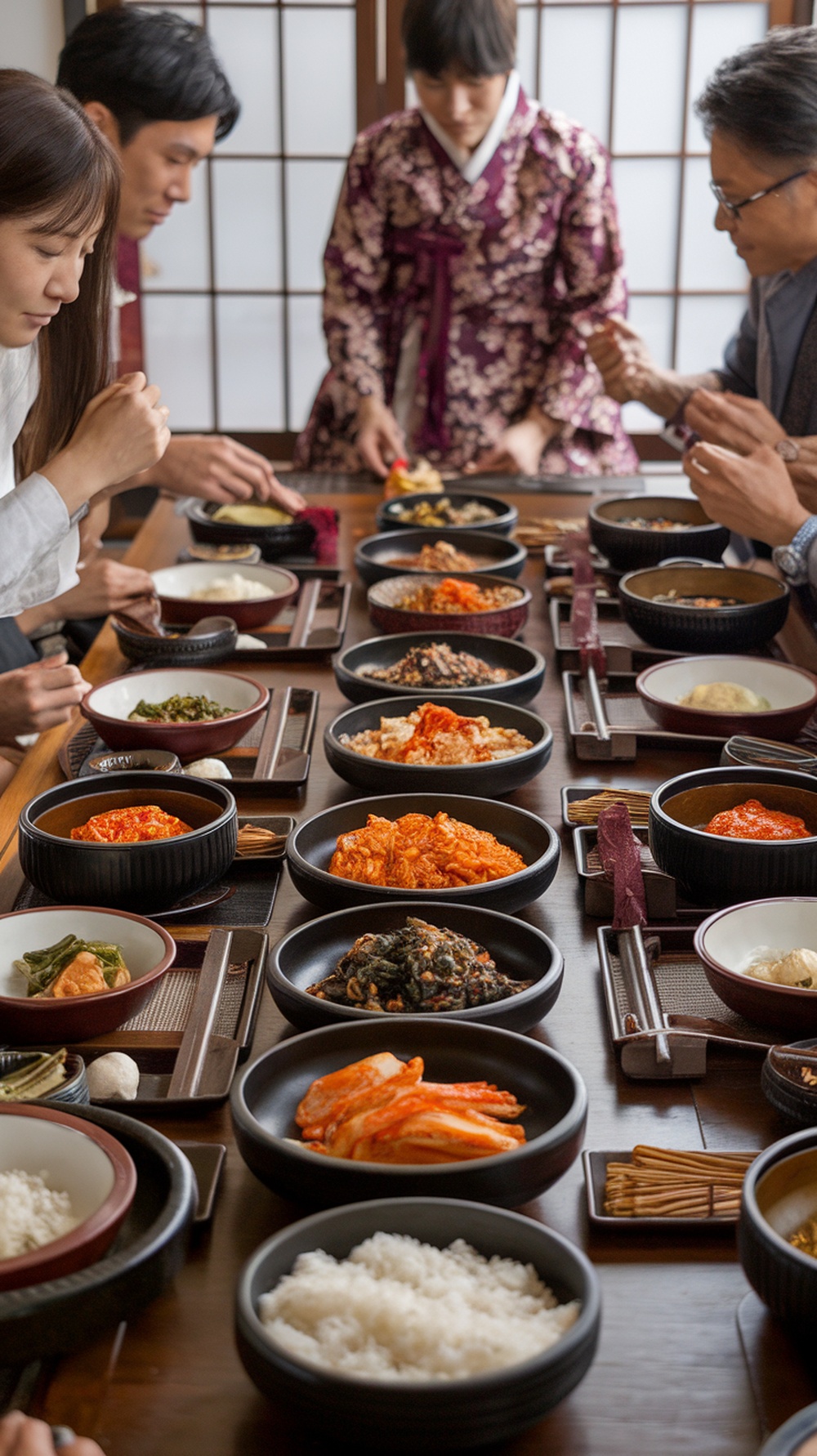 A traditional Korean meal with various dishes served on a table, showcasing the communal dining experience.