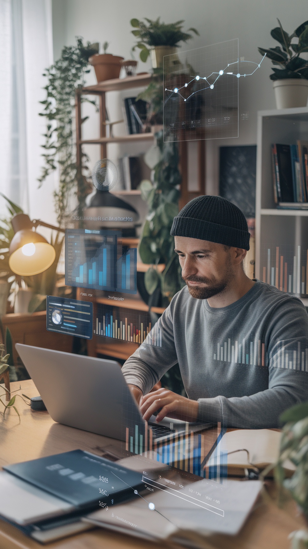A freelancer working on a laptop with AI data visualizations in the background.