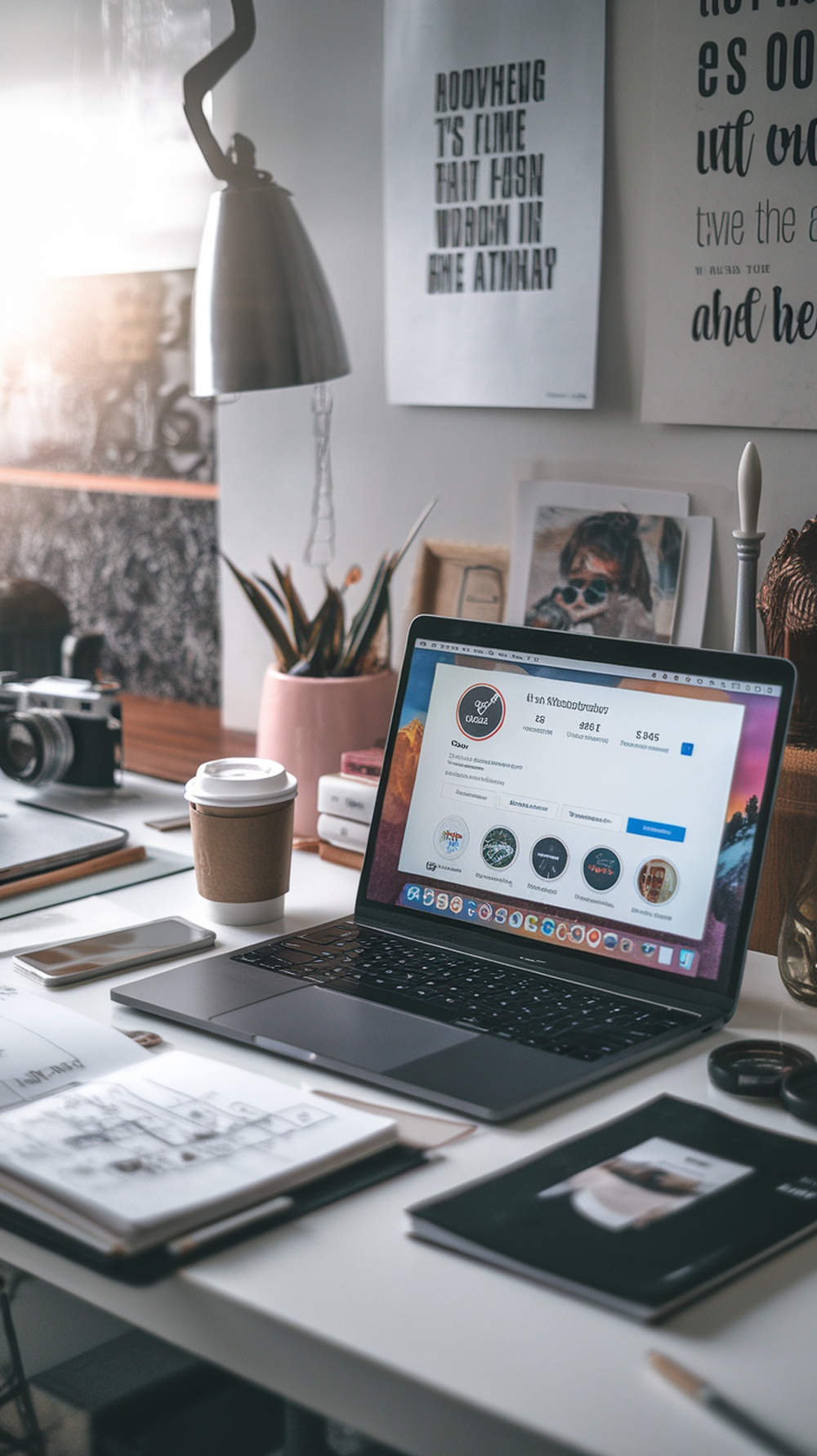 A workspace with a laptop displaying an Instagram profile, coffee cup, and various stationery items.