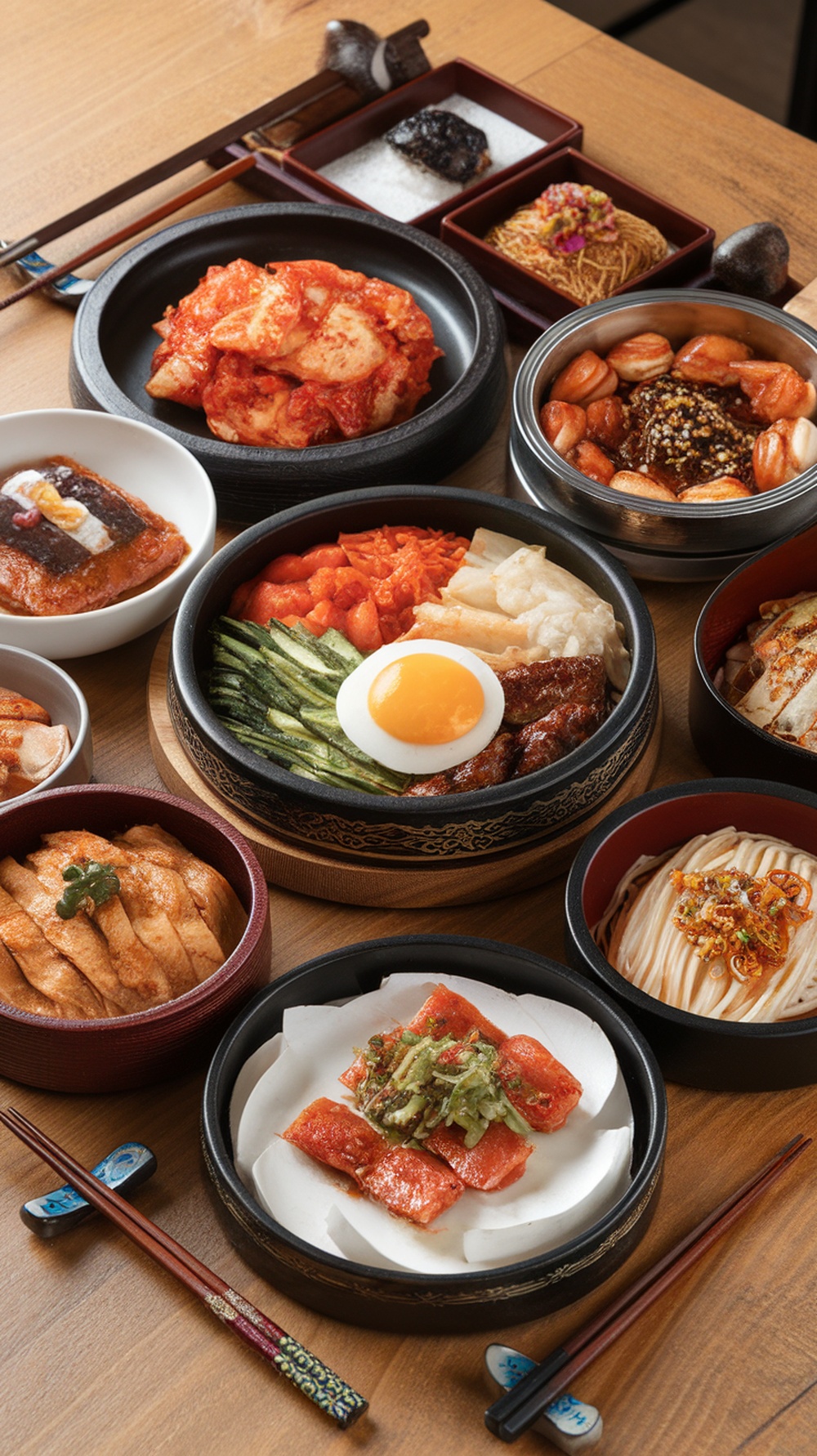 A colorful spread of traditional Korean dishes including kimchi, bibimbap, and various side dishes.