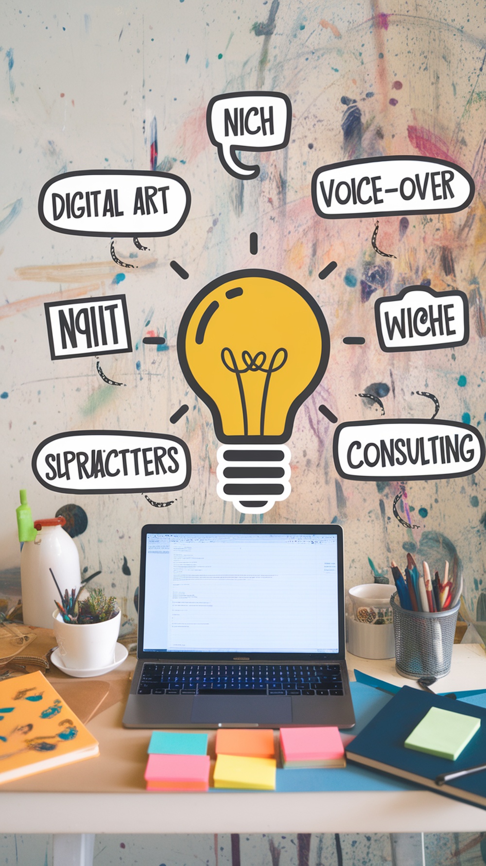 A workspace with a laptop, colorful sticky notes, and a light bulb graphic highlighting various freelance niches.