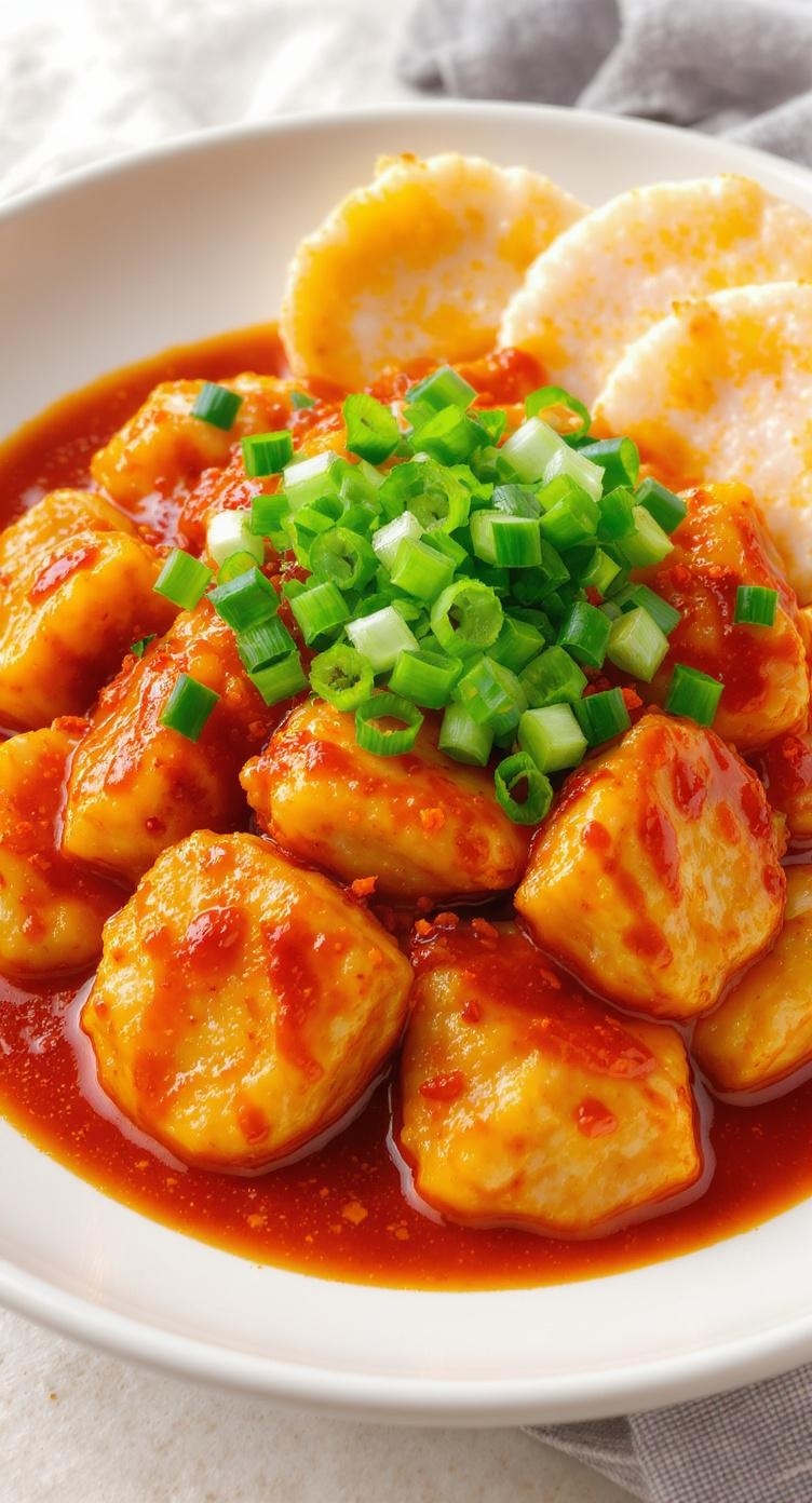 A bowl of tteokbokki with spicy rice cakes and green onions
