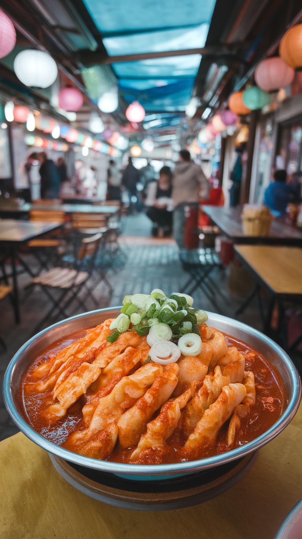 A bowl of tteokbokki with rice cakes and green onions, set in a vibrant street market.