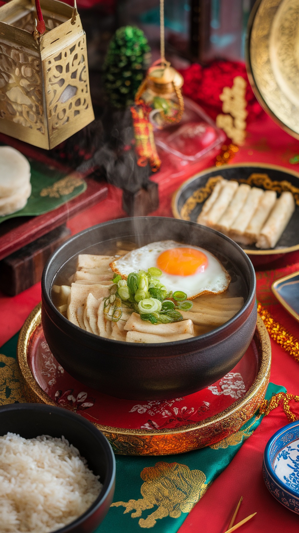 A bowl of tteokguk, a traditional Korean rice cake soup, served with garnishes.