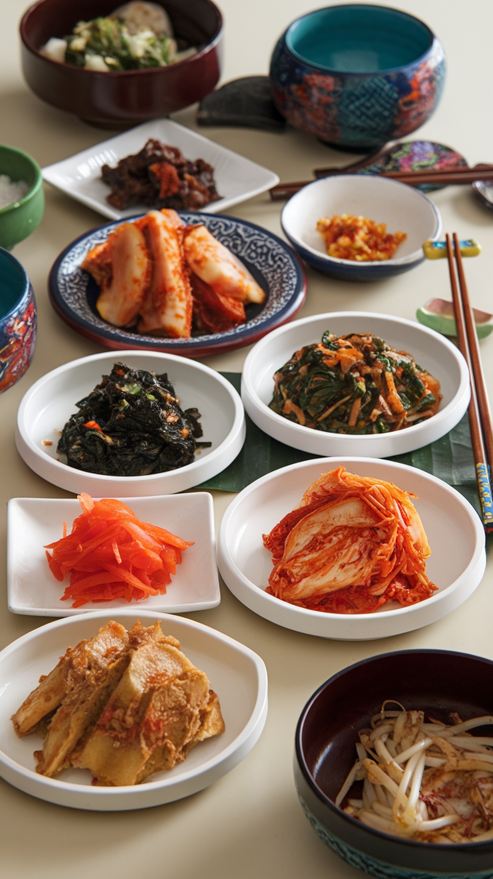 An assortment of Korean side dishes including kimchi and various banchan.