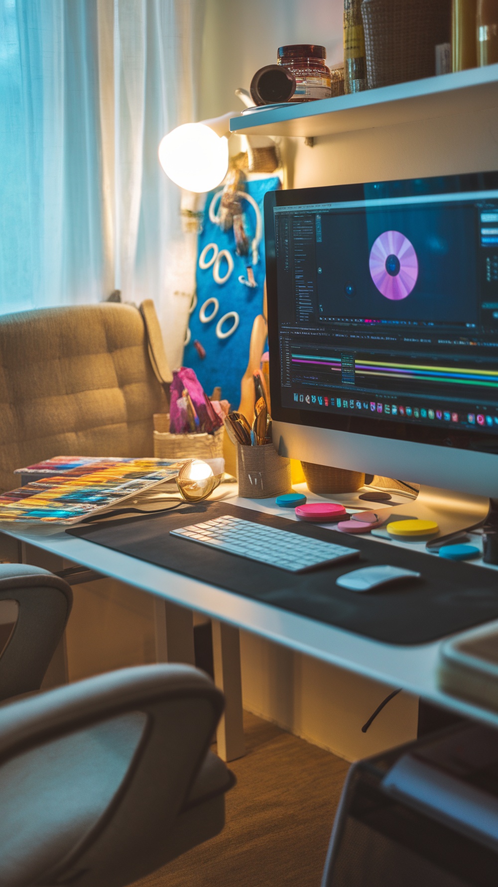 A cozy workspace with a computer displaying video editing software, showcasing creativity and focus.