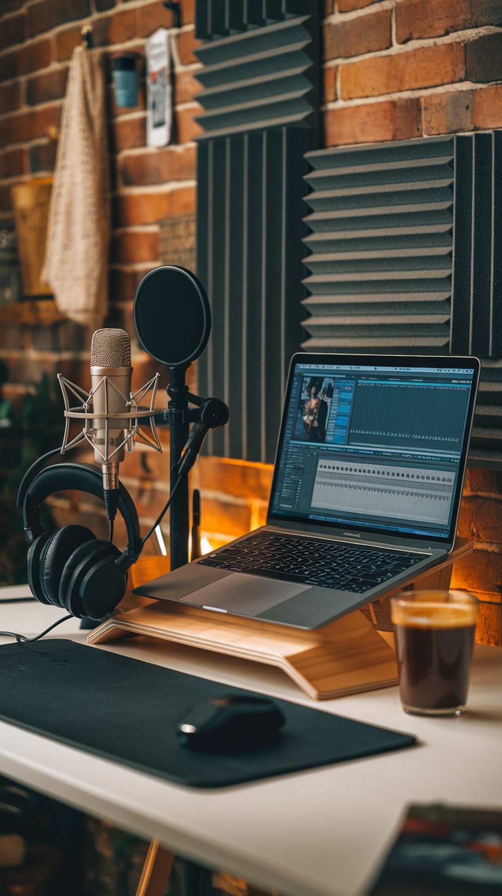 A home studio setup for voiceover work featuring a microphone, headphones, and a laptop.