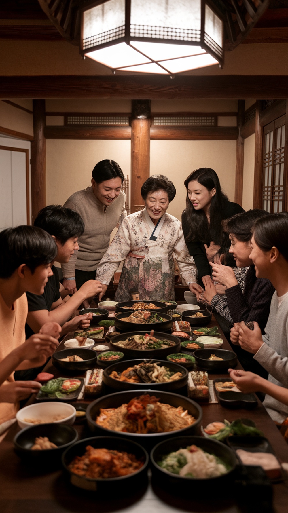 A group of people gathered around a table filled with various Korean dishes, waiting for the elder to start eating.