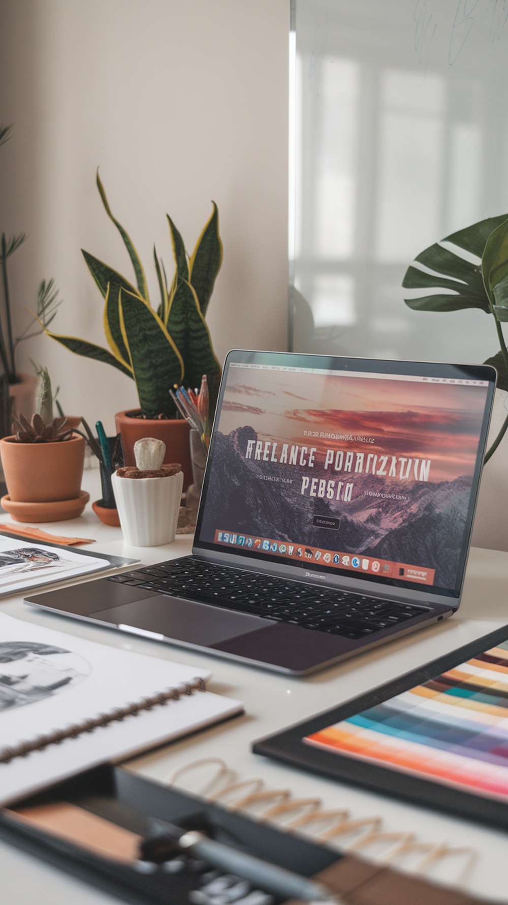 A laptop displaying a freelance portfolio website on a desk with plants and art supplies.