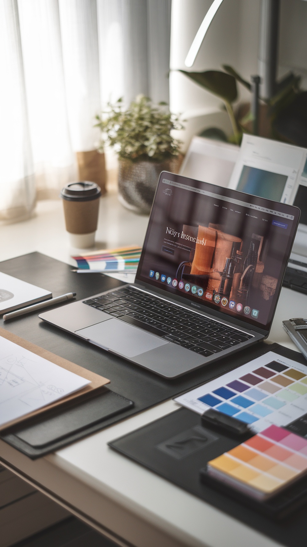 A workspace featuring a laptop with a website design on the screen, surrounded by design materials and a coffee cup.