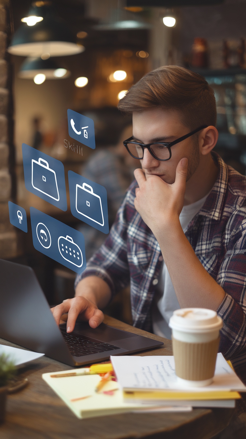 A freelancer working on a laptop with icons representing skills and tasks.