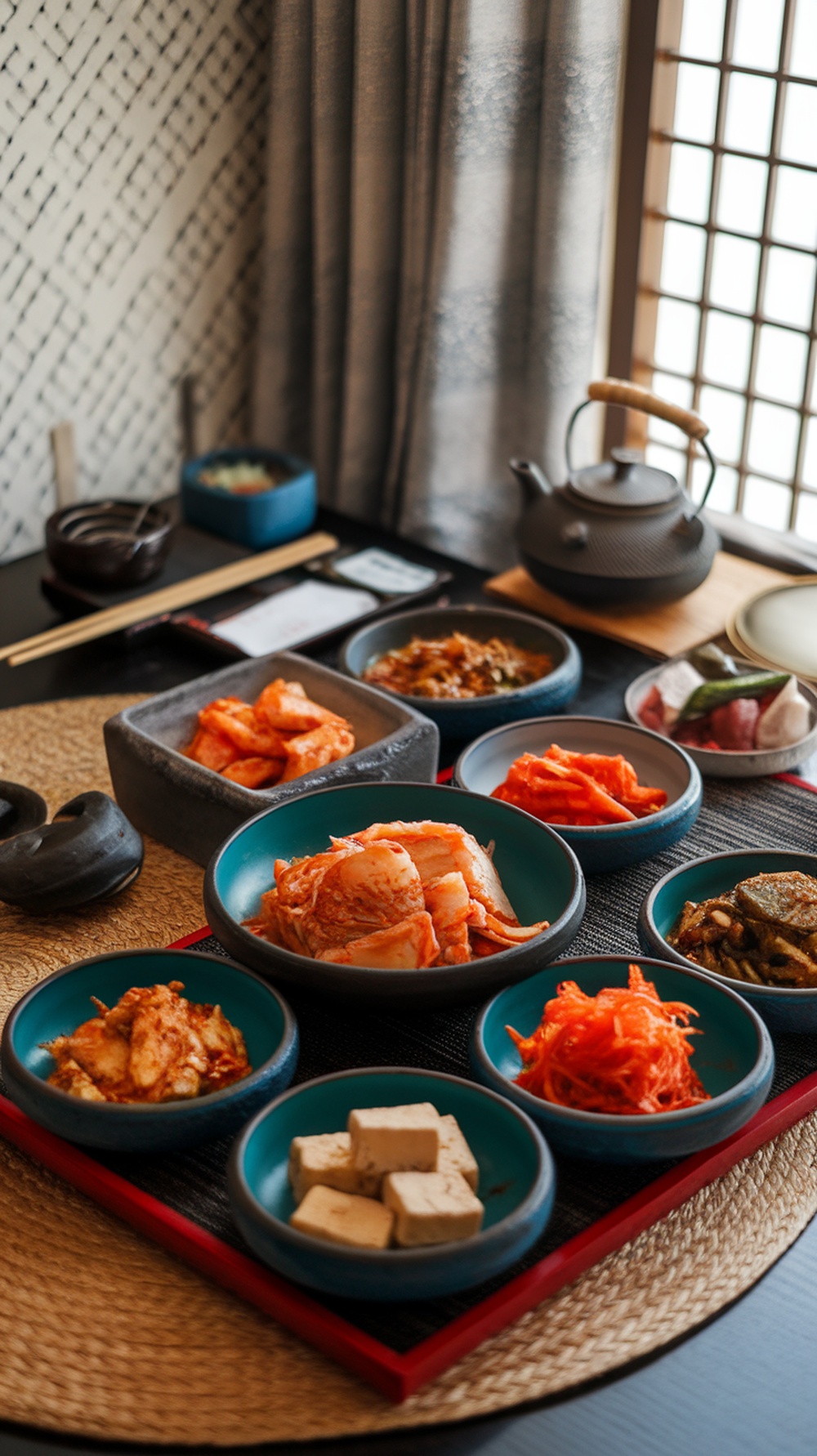 A variety of Korean banchan dishes served on a table.