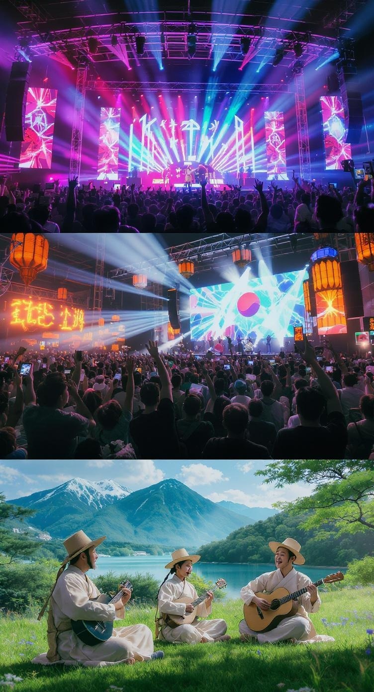 A vibrant K-Pop concert scene with colorful lights and a cheering crowd.