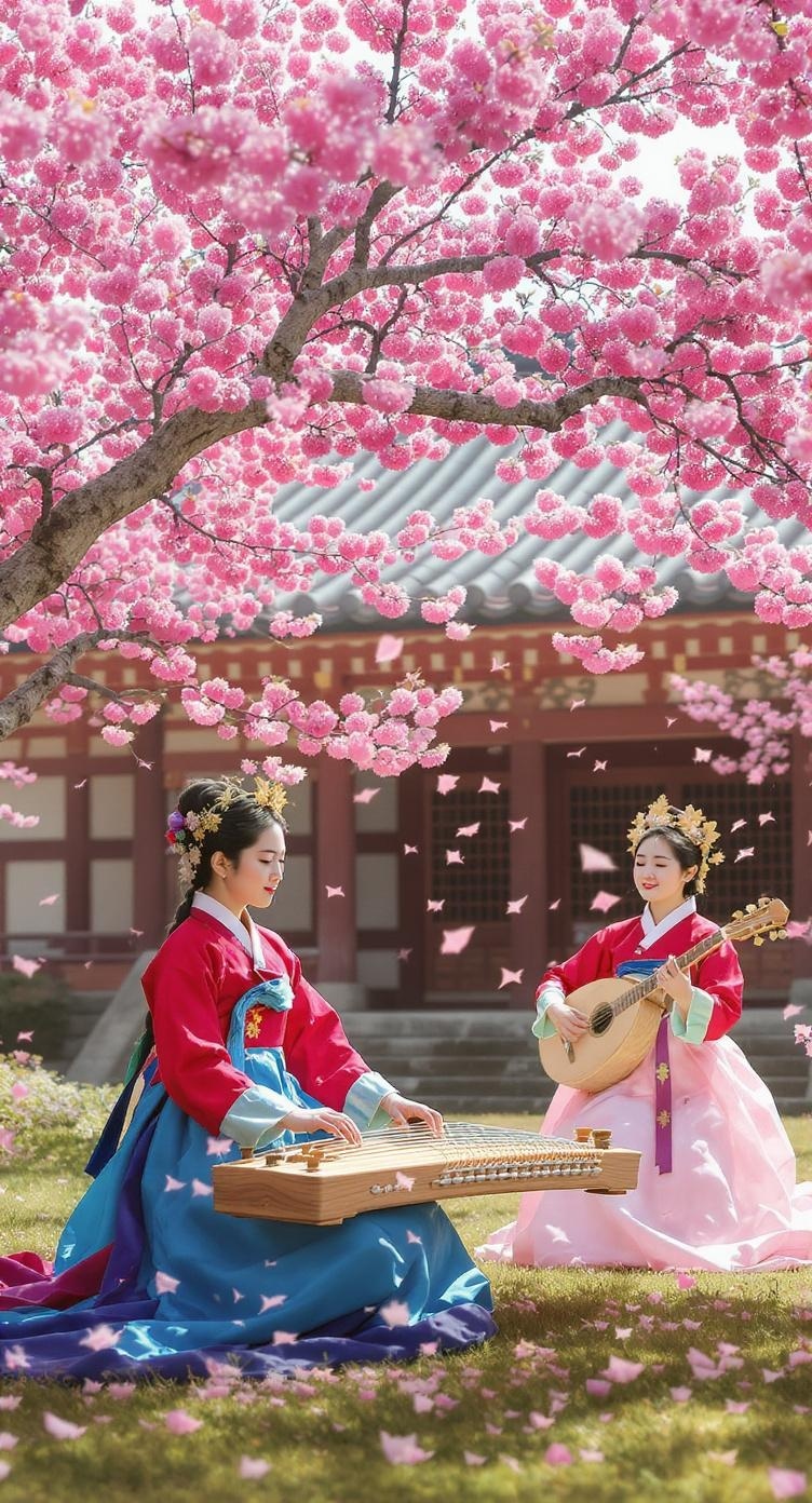 Traditional Korean musicians playing instruments under cherry blossom trees.
