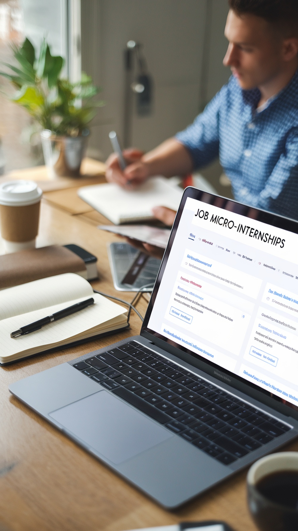 A laptop displaying job listings for micro-internships, with a person writing notes in the background.