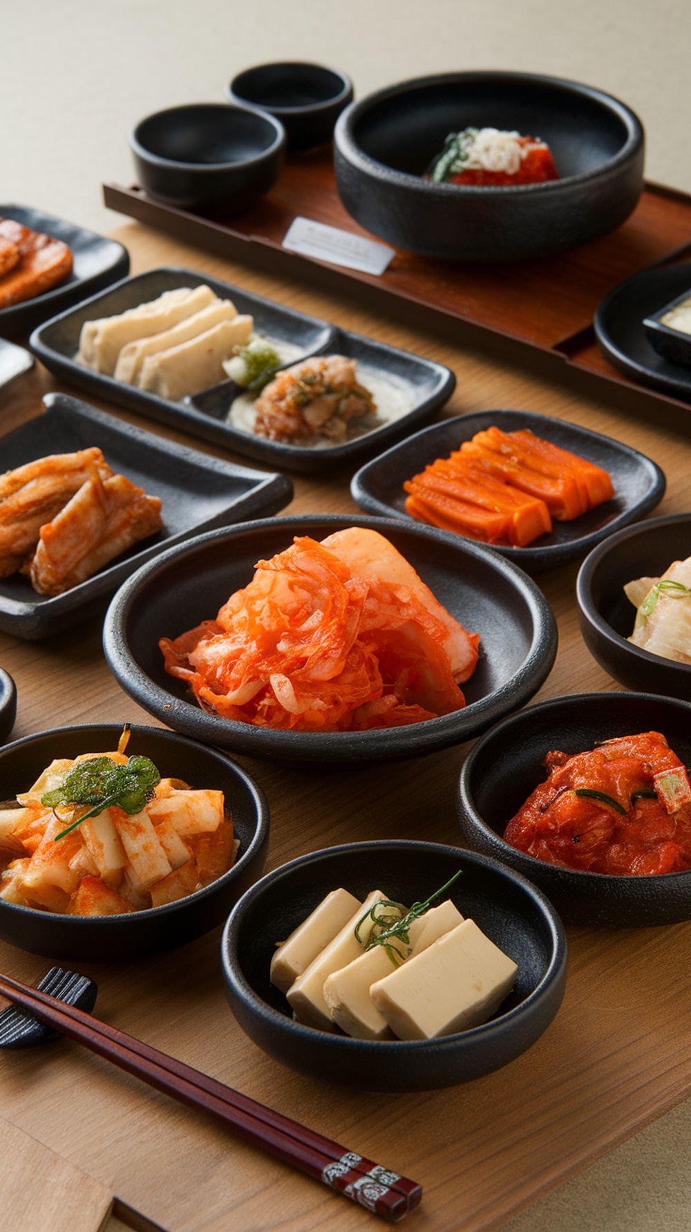 A selection of Korean banchan dishes served in small bowls.