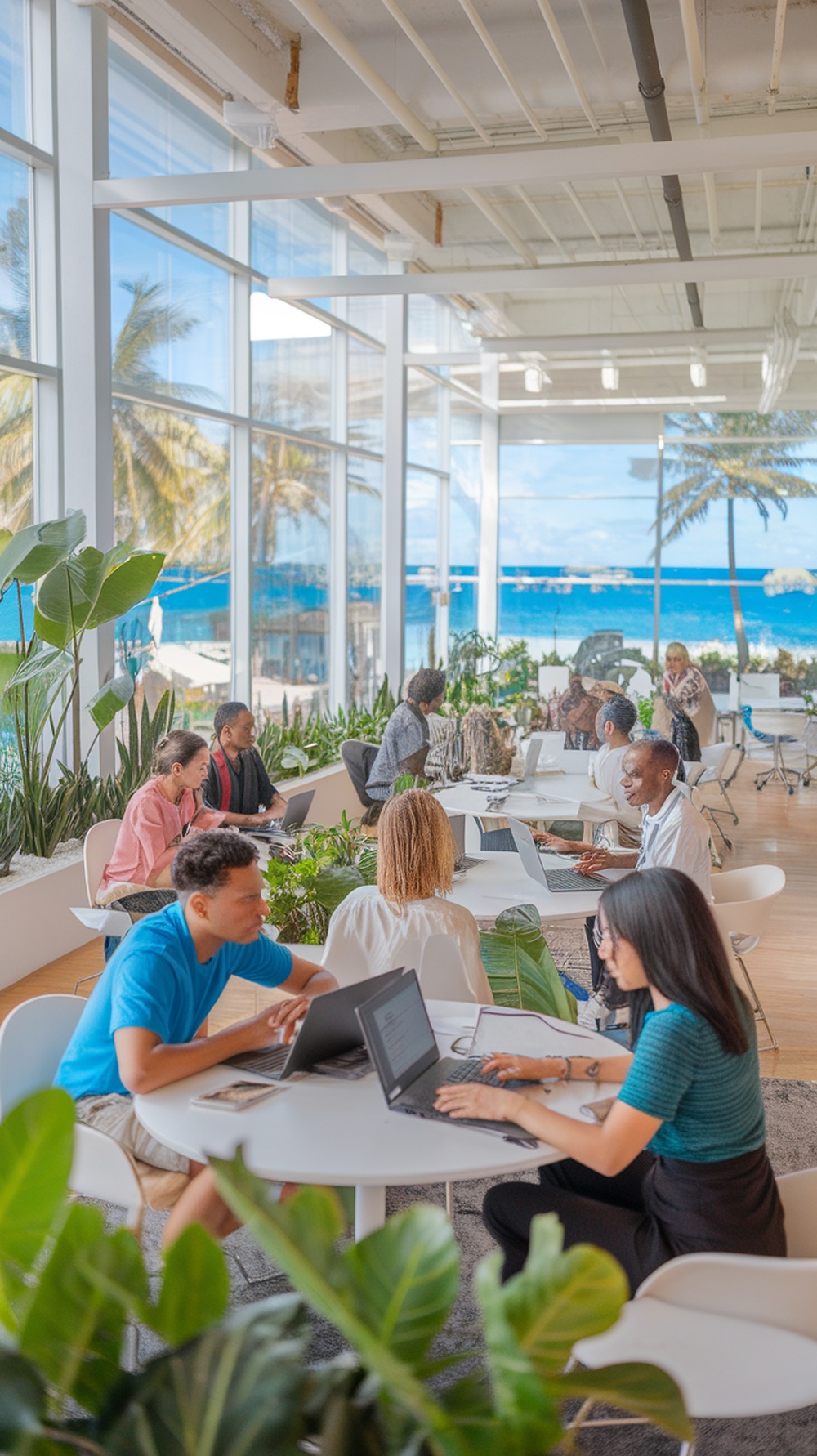 A bright co-working space with people working on laptops, surrounded by plants and a beach view.